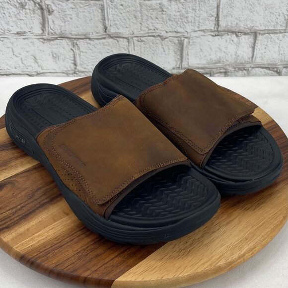 Skechers ArchFit Motley Mens 12 Brown Black Leather Revelo Slide Sandals - Picture 7 of 15